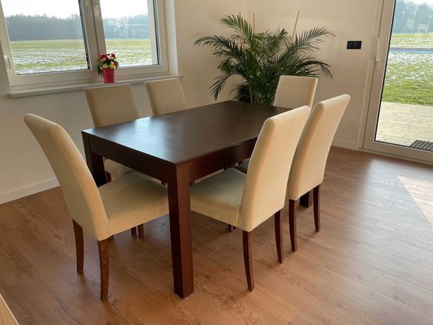 Stół drewniany 220 x 90 cm - ciemny brąz machoń + 6 krzeseł do jadalni