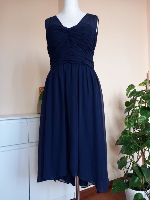 granatowa elegancka zwiewna asymetryczna sukienka M&S 40/L