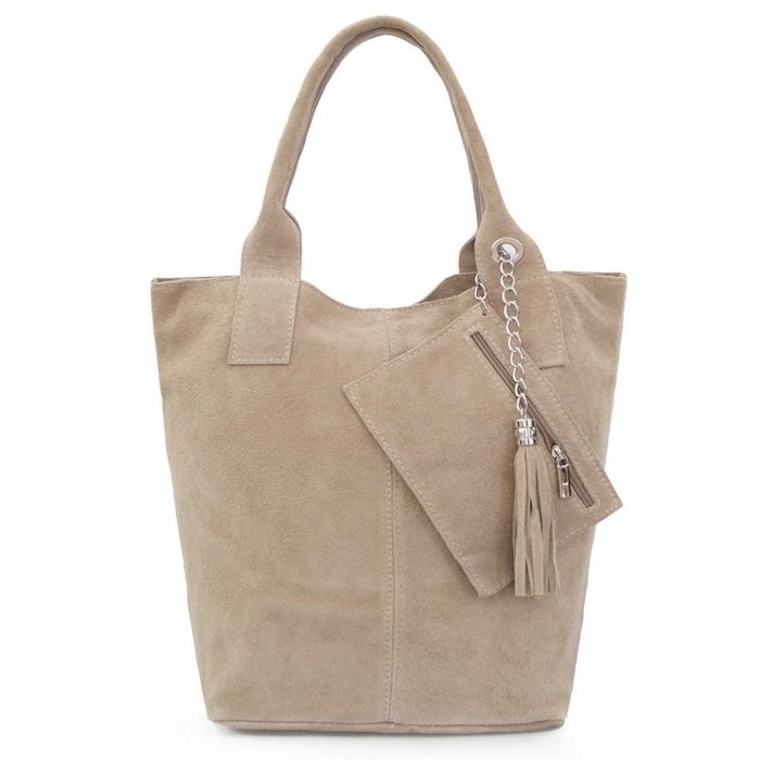 VERA PELLE torebka zamszowa worek shopper z suwakiem V146 beżowa