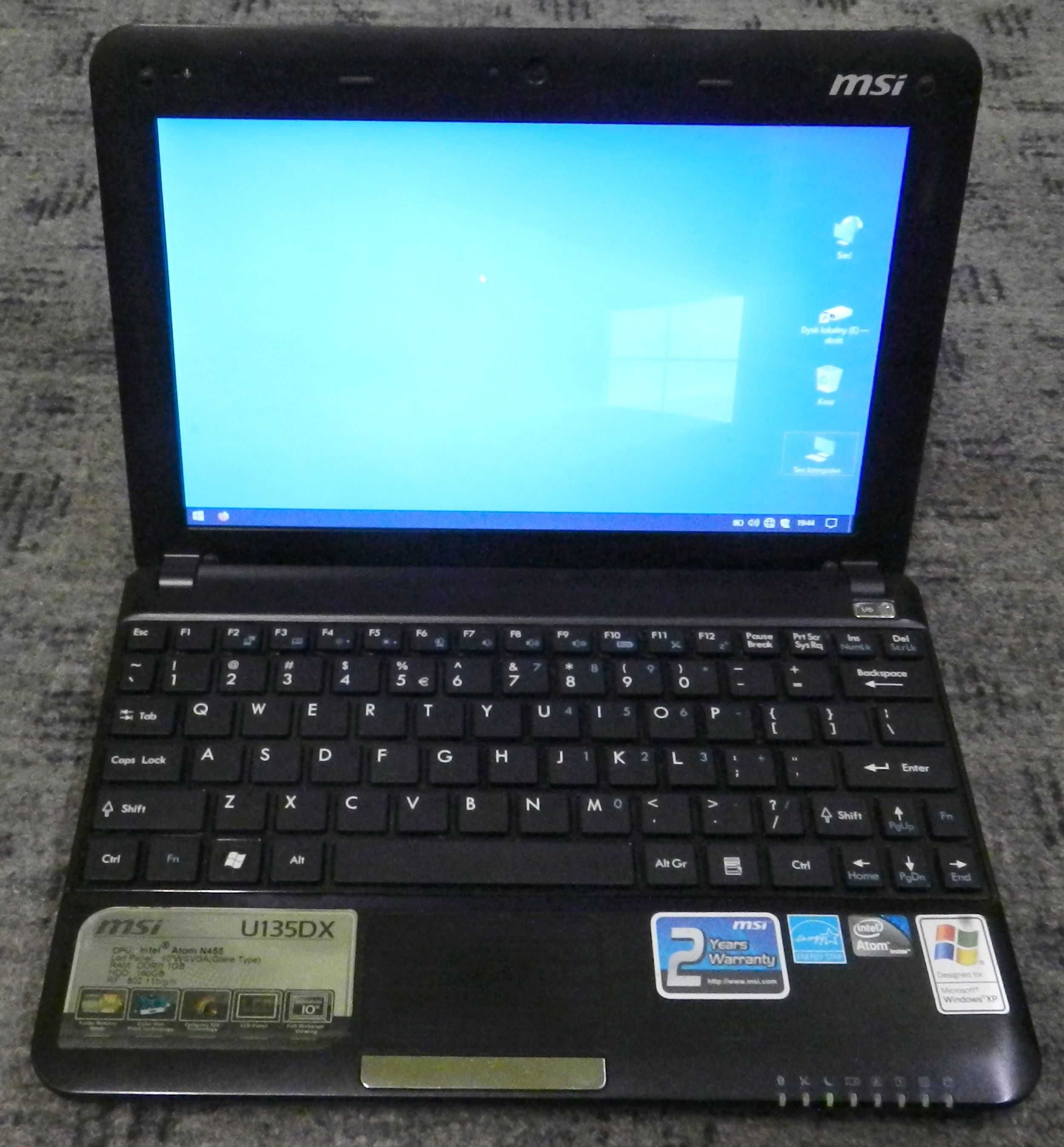 Laptop netbook MSI U135DX 10" dysk 80GB, Windows 10 Pro