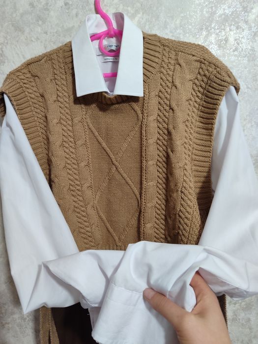 Жилет в'язаний спідниця міді рубашка набір костюм теплий