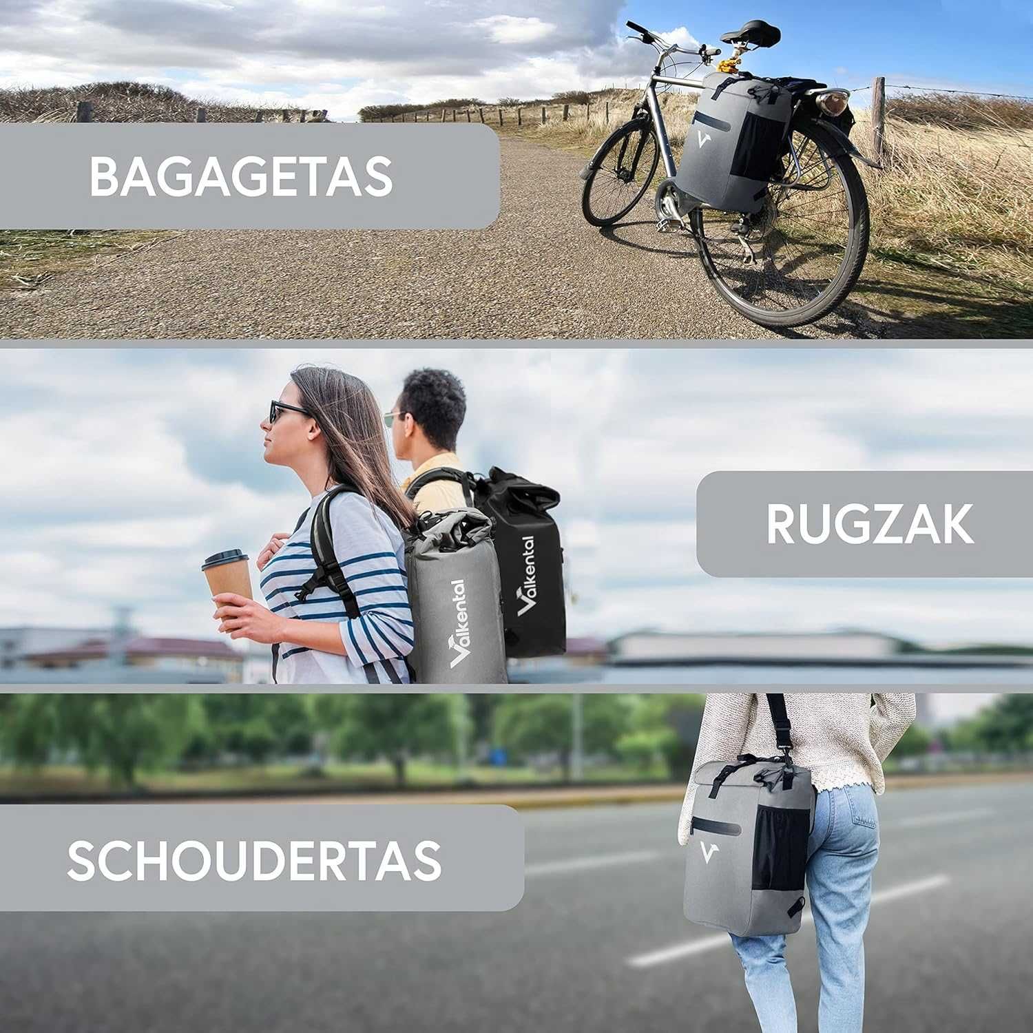 VALKENTAL 3w1 Sakwa rowerowa tylna, plecak i torba na ramię23l Srebrna