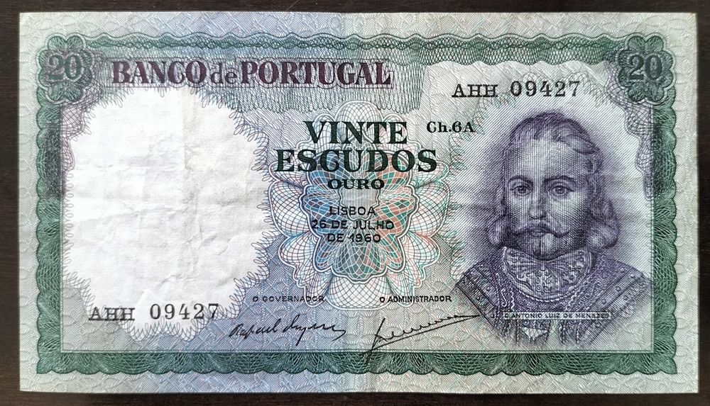 Lote 2 Notas 20$ 1960 António Luís Meneses Muito Bom Estado