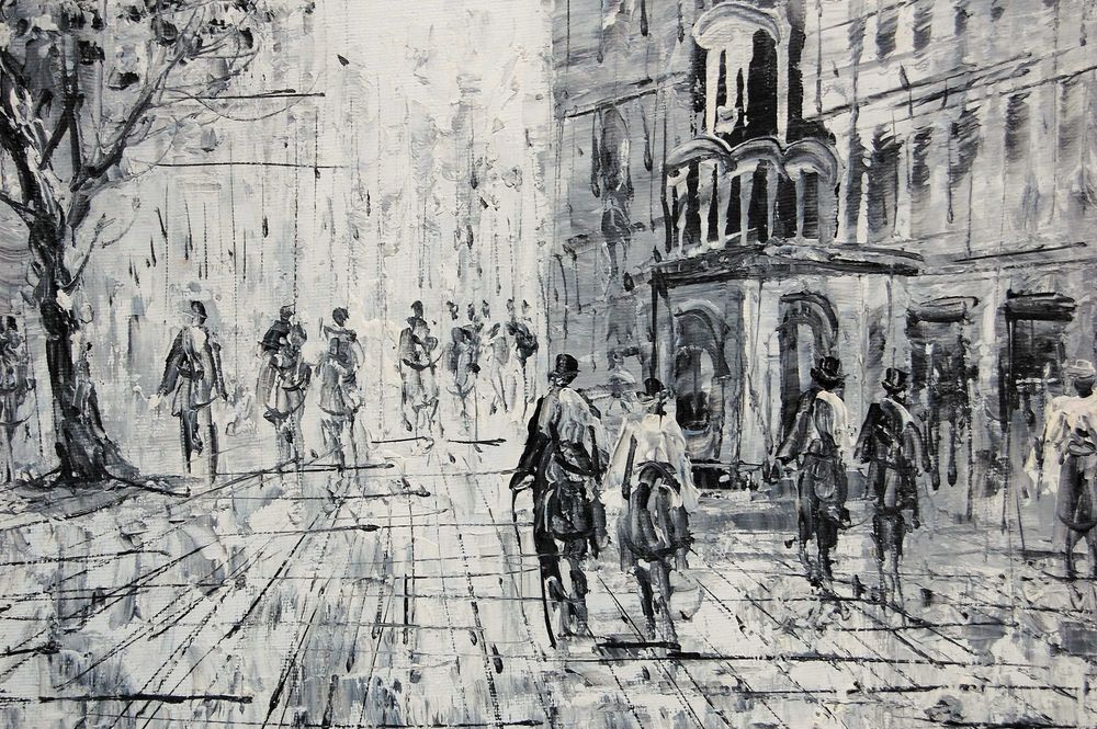 Kościół Mariacki, Kraków, obraz olejny, czarno-biały, impresjonizm