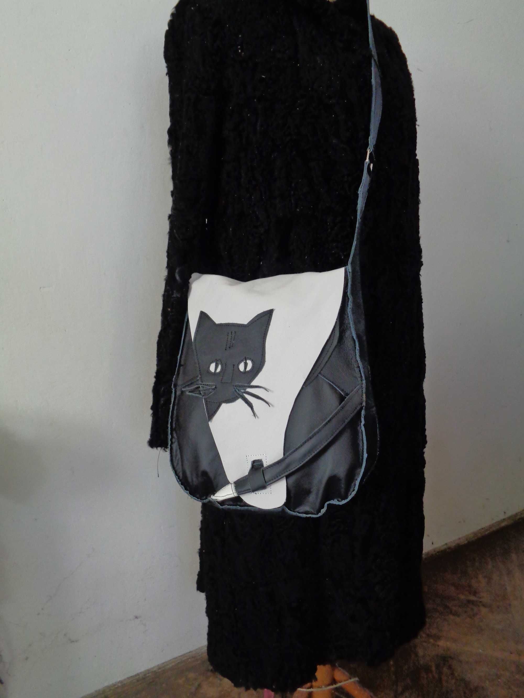 Artystyczna torebka skórzana z kotem. Handmade