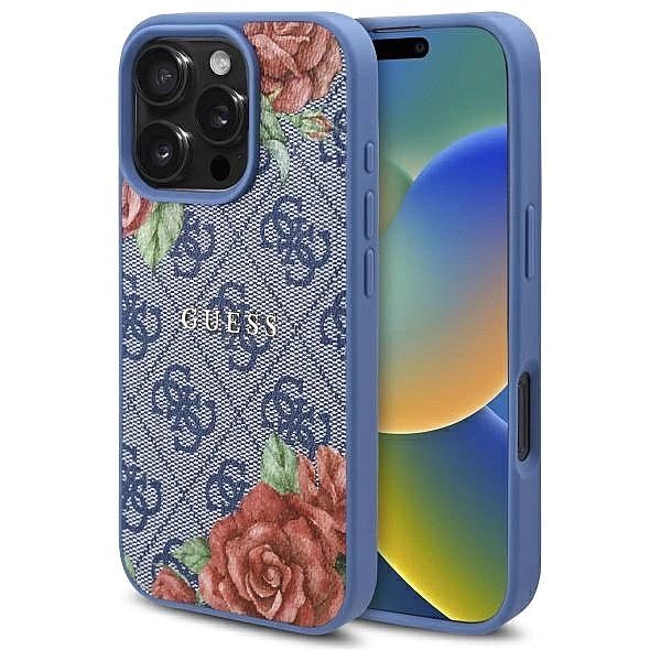 Etui Guess 4G Flowers Print MagSafe na iPhone 16 Pro - niebieskie