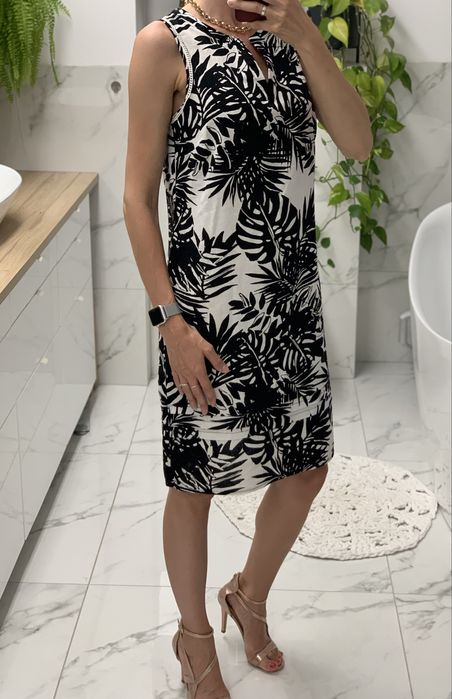 Sukienka czarno biała wzor lisci tropikalny na lato len wiskoza 36 38