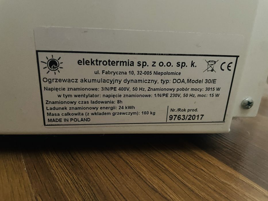 Piec akumulacyjny ogrzewacz elektrotermia 3KW DOA model 30/E