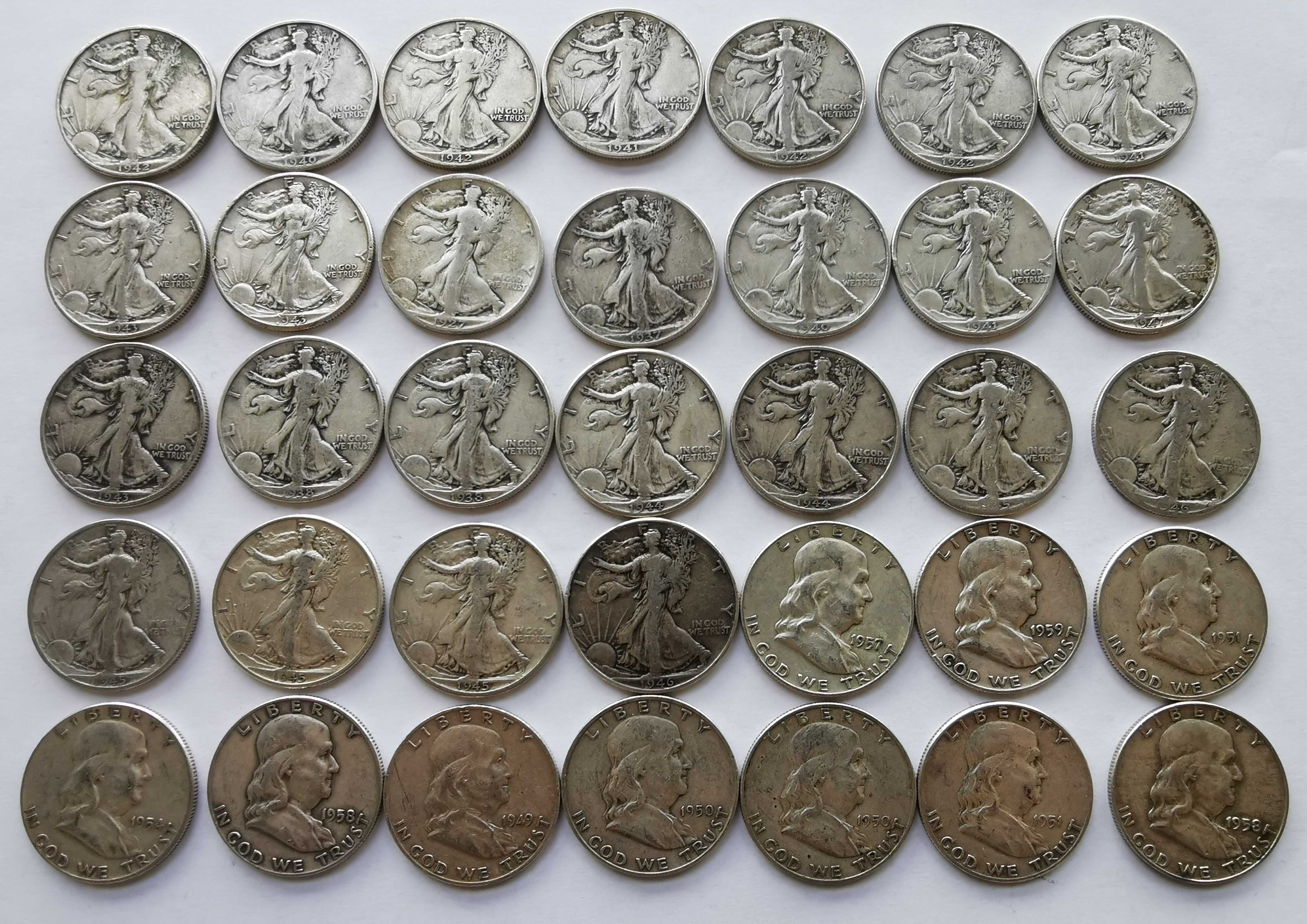 Srebrny zestaw 35 monet half dolar USA lata od 1927 do 1959 oryginalne