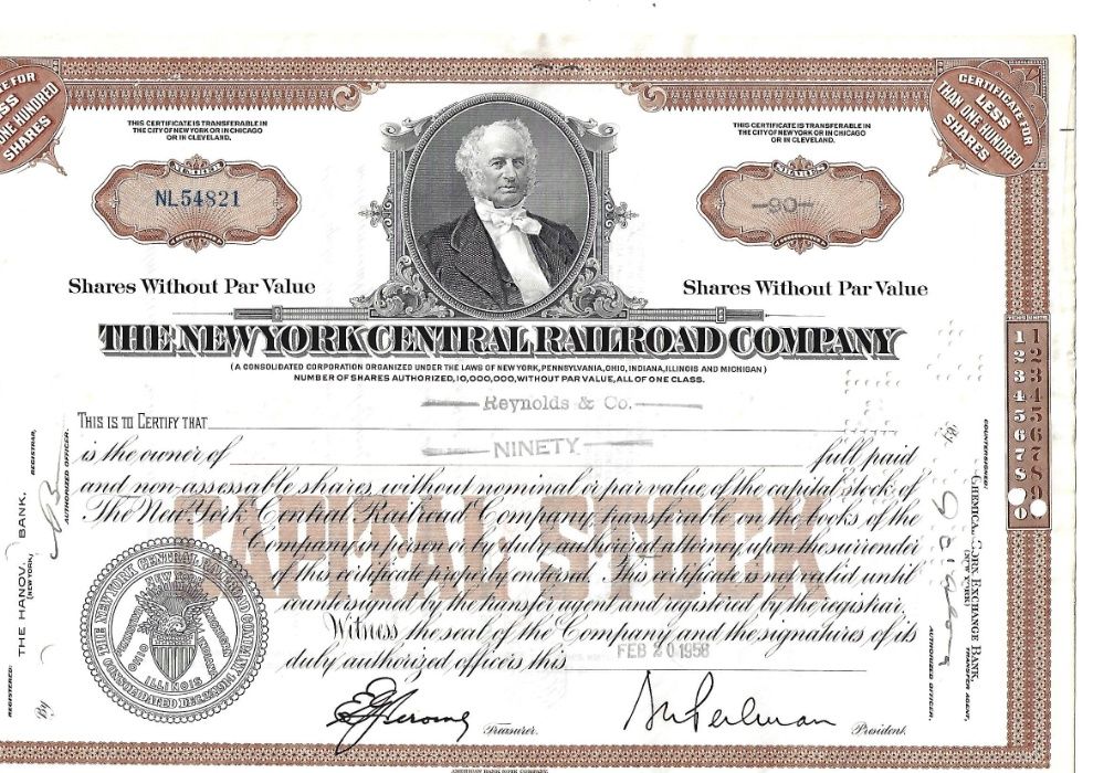 Bonds Shares Ações The New York Central Railroad Company 1958 USA