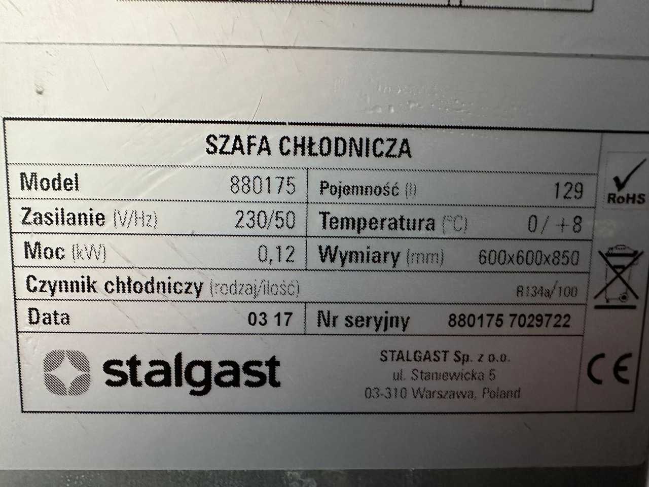 Chłodziarka Stalgast pod blat 85 cm pod blatowa 130 l
