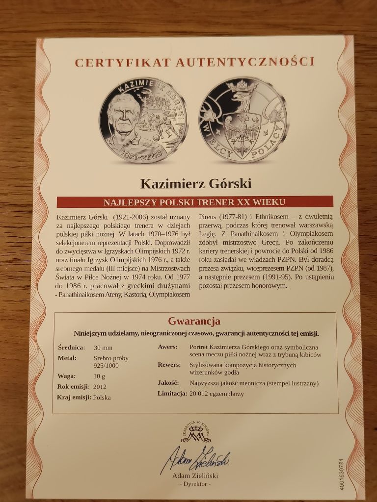 Moneta kolekcjonerska - "Kazimierz Górski: Najlepszy polski Trener"