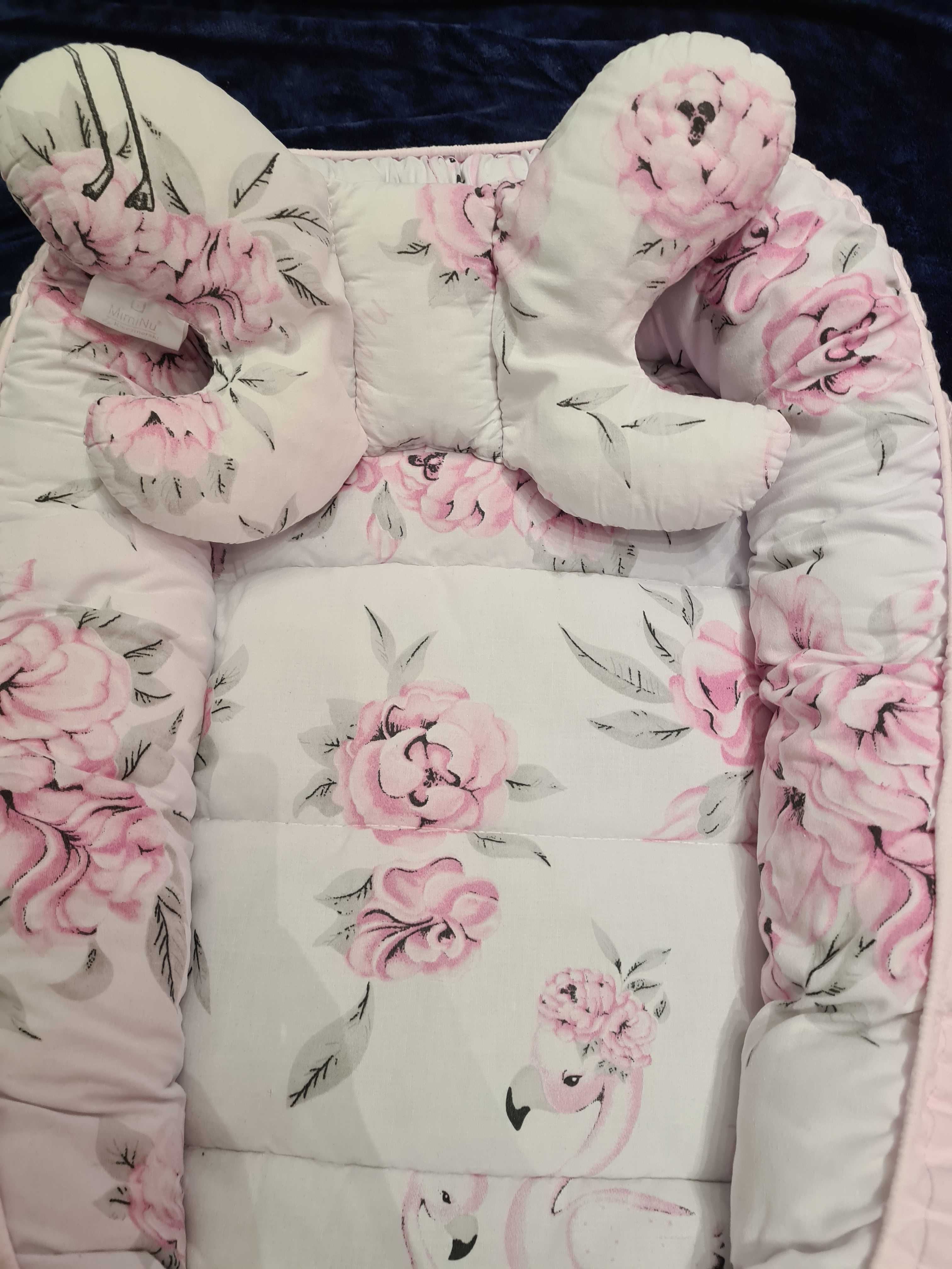 Kokon Gniazdko niemowlęce 55x90 cm PEONIE RÓŻ + poduszka MimiNu