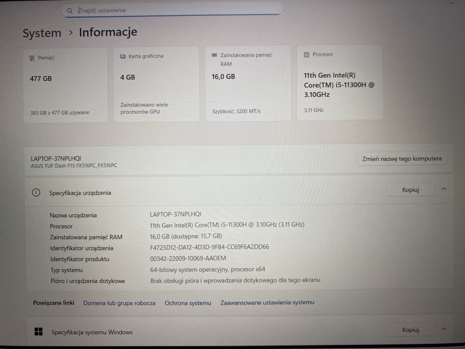 Laptop Asus TUF Dash F15 FX516PC-HN115W 15,6” 144 Hz IPS i5 11300H 16