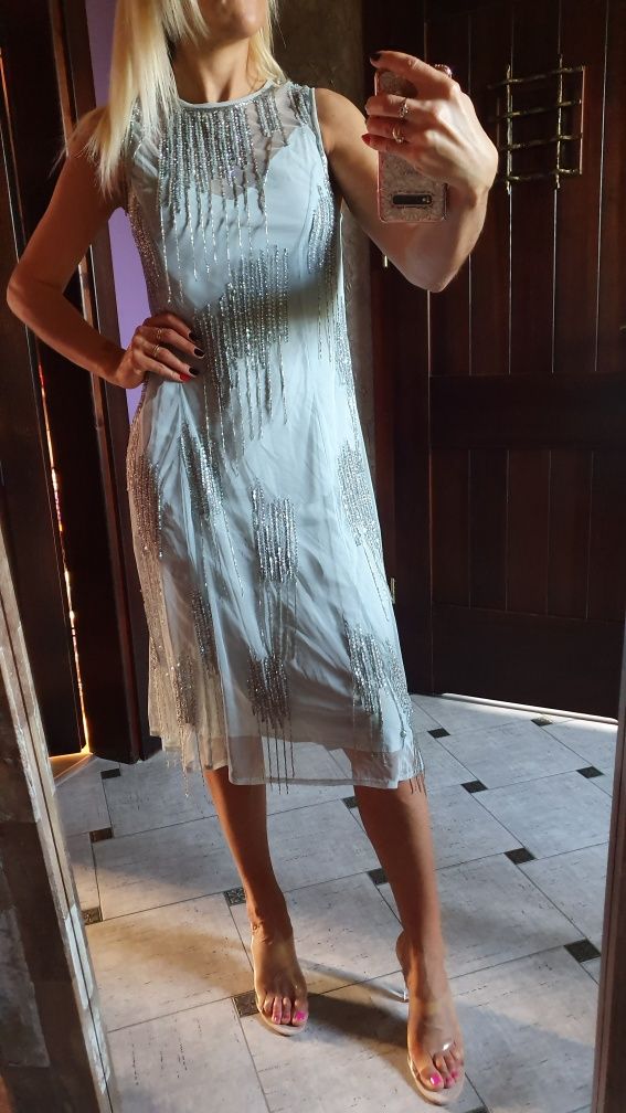 Asos śliczna sukienka ekskluzywna impreza wesele frędzle cekiny midi X