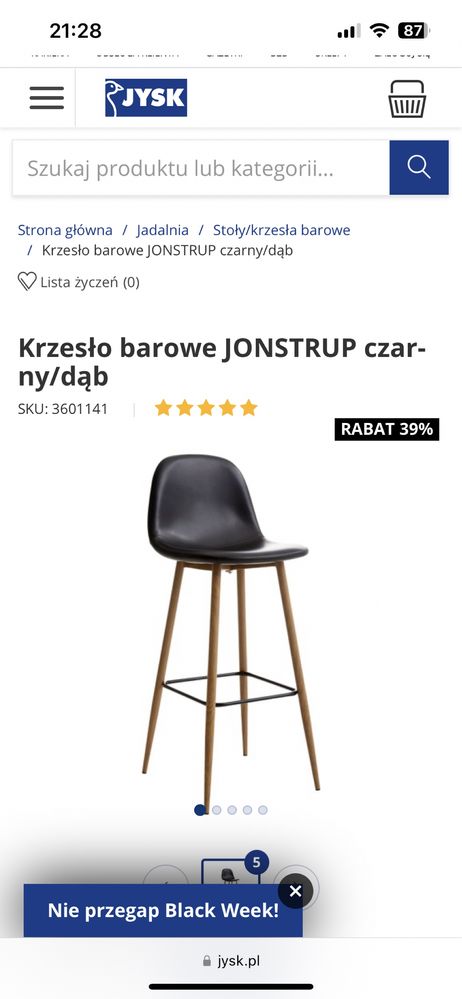 Krzeslo barowe jysk jonstrup czarny/dąb