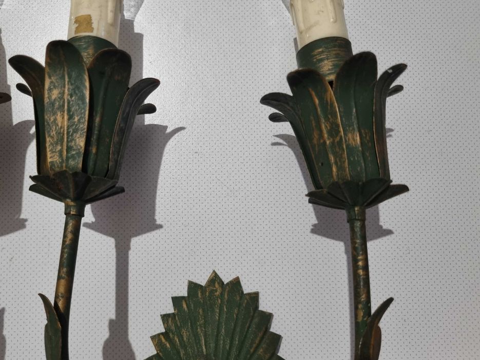 Par de Apliques / Candeeiros duplos, tema floral, artesanato anos 50