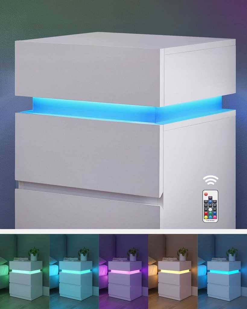 Biały stolik szafka nocna pomocnicza z oświetleniem LED