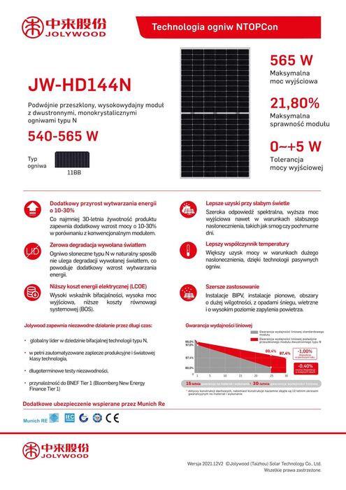 Panele fotowoltaiczne Jolywood JW-HD144N 565 Wp N-type Bifacial
