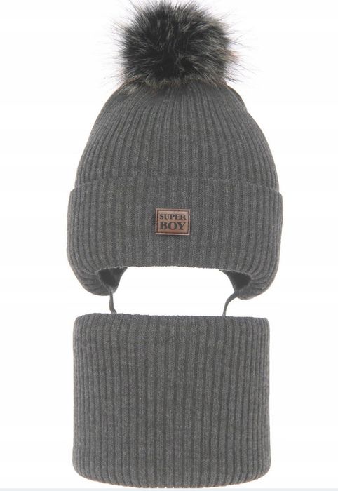 Komplet zimowy chłopięcy Ciepła na polarze czapka wiązana i komin