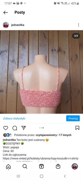 Brzoskwiniowo Biały top na ramiączkach na szydełku