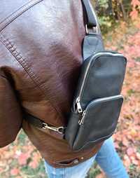 Мужской черный кожаный рюкзак сумка слинг натуральная кожа