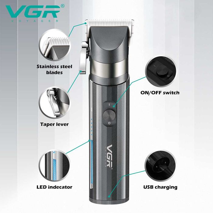 Акумуляторна машинка для стрижки (clipper) VGR V-687, 4 насадки, LED