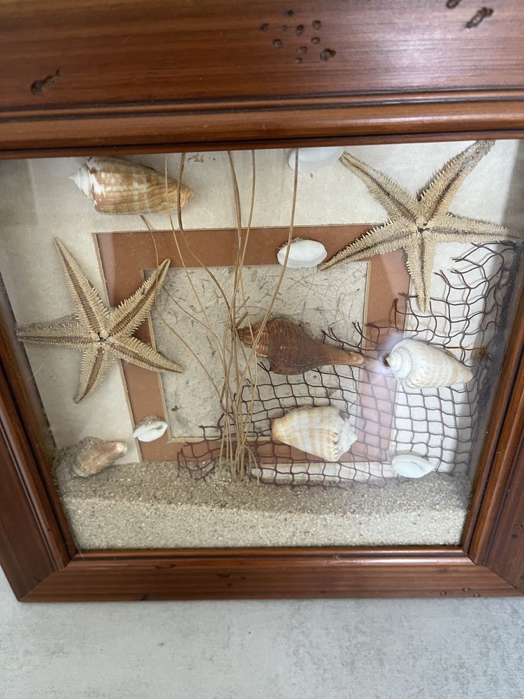 Quadro 3D realista 34x34 cm buzios, estrela-mar e areia