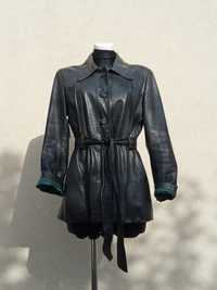 Skórzana kurtka vintage płaszcz z paskiem butelkowa zieleń XS-M