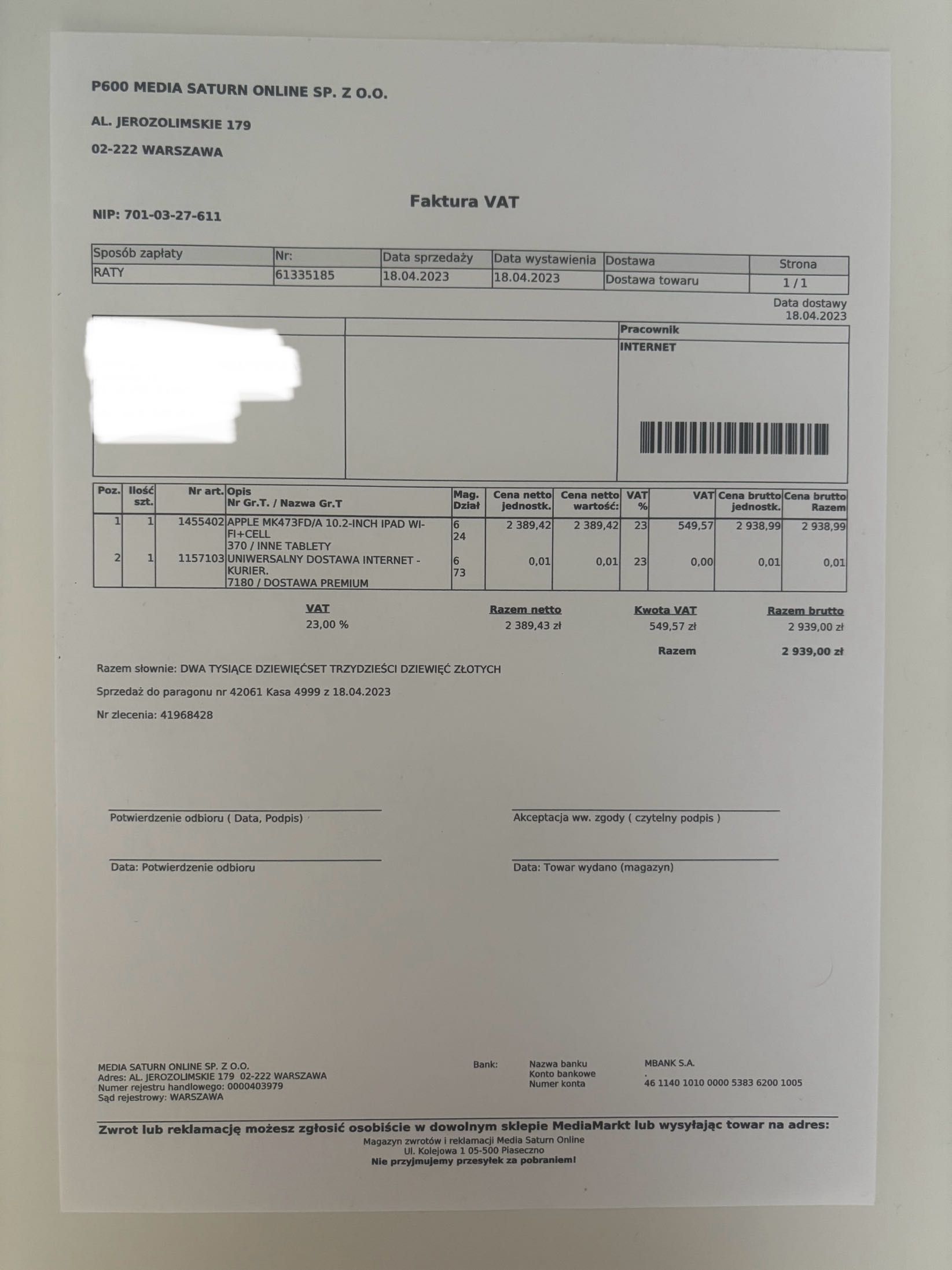 iPad 9. generacji 10.2” Wi-Fi + LTE 64GB cellular STAN IDEALNY!