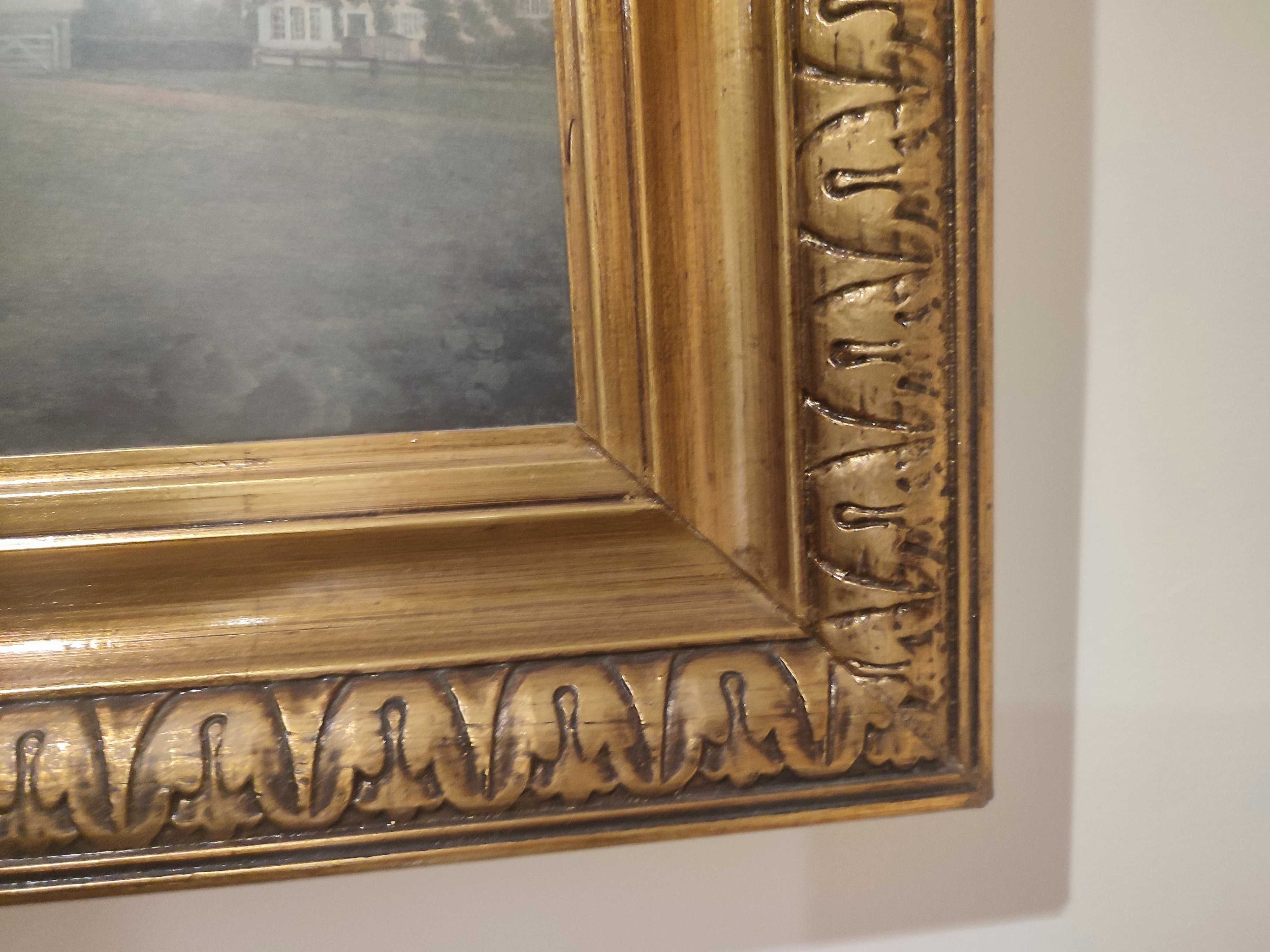Quadro cavalos - conjunto de dois quadros moldura dourada e gravura