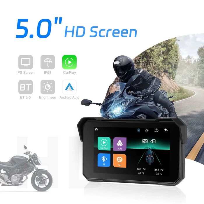 Monitor Carplay GPS 5" para Mota | Android Auto Sem Fios | IP68 NOVO