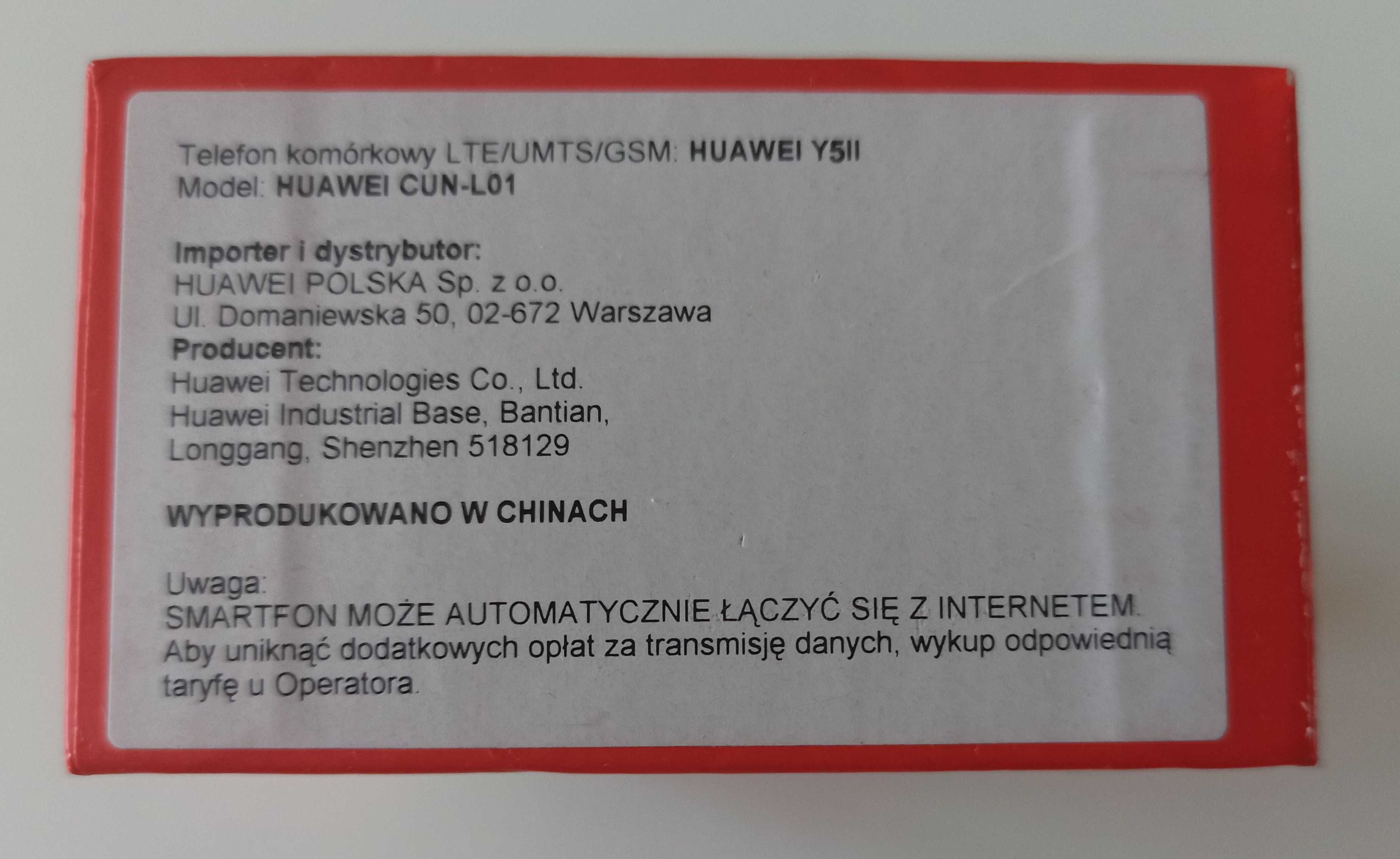 telefon smartfon Huawei Y5II zestaw pudełko kabel ustawienia fabryczne