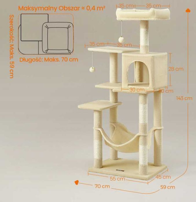 Drapak dla kota XXL wysoki STABILNY wieża domek hamak legowisko beżowy