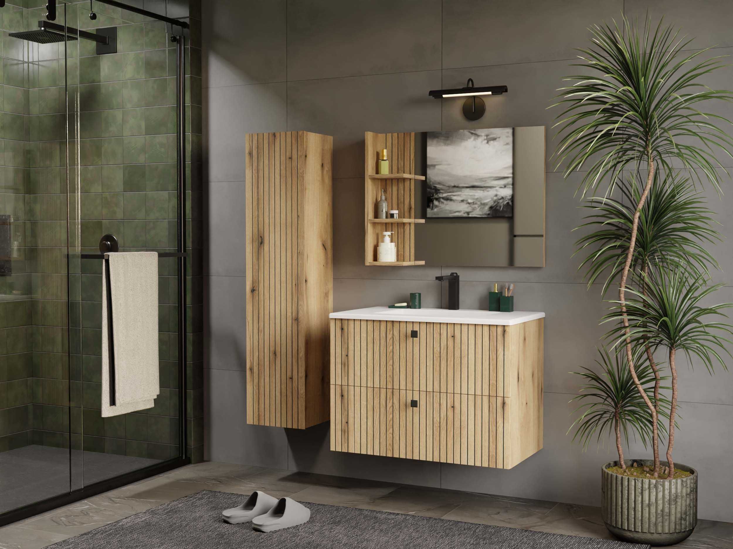 SZAFKA Pod Umywalkę TIGO 80 2S Ryflowany Front + Umywalka DĄB EVOKE
