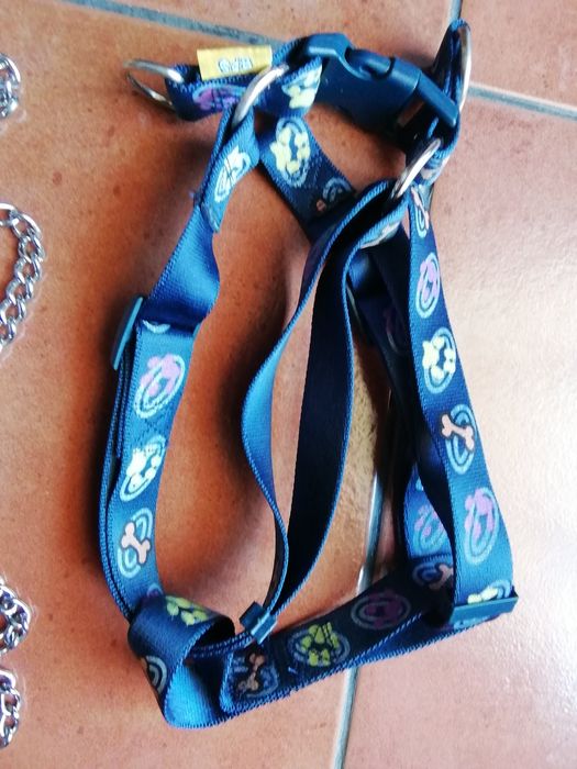 Coleira com peitoral para cães com suporte para sacos.