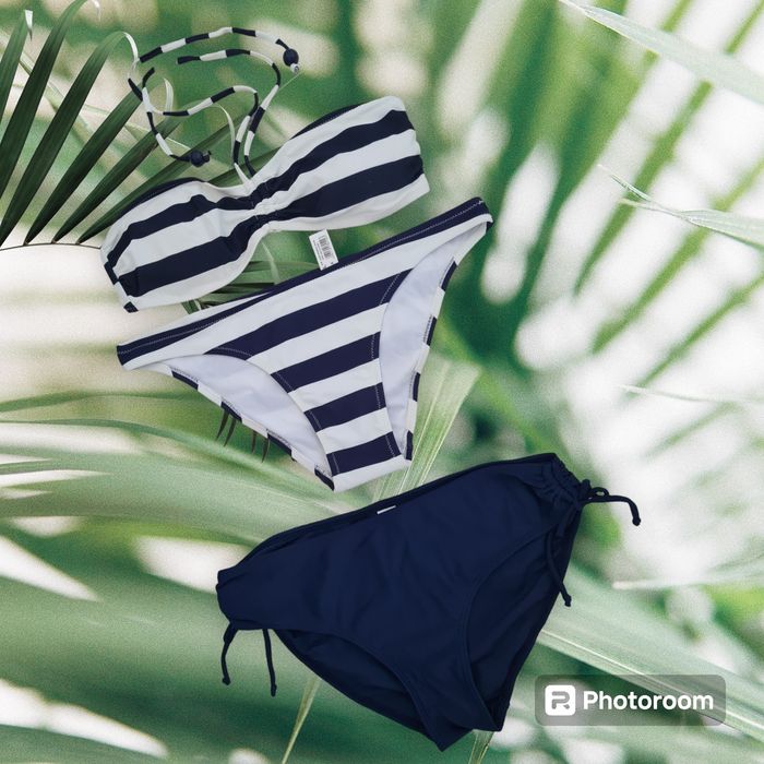 Reserved strój bikini pasy granatowe L + majtki C&A