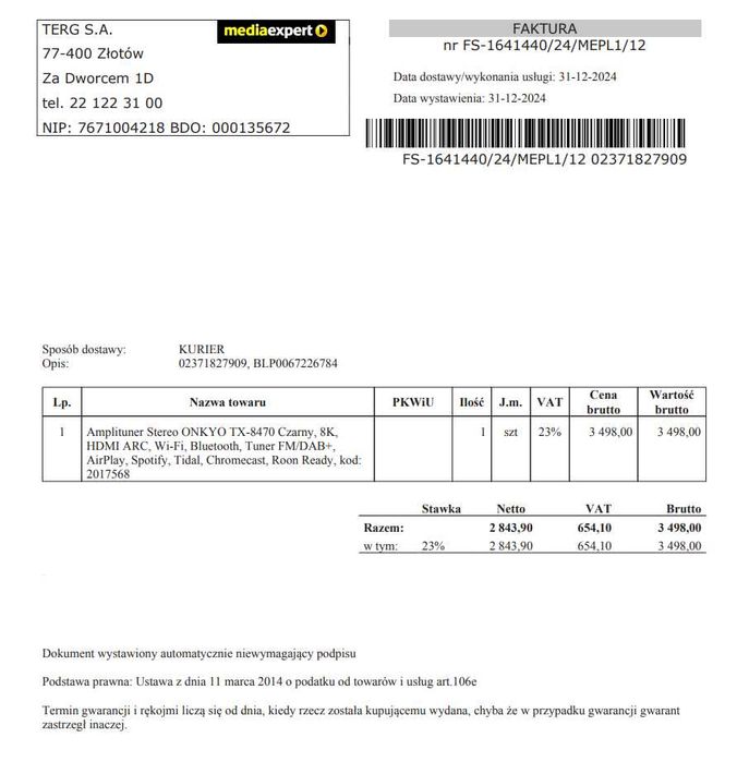 Amplituner Stereo ONKYO TX-8470 Czarny - rok gwarancji, stan sklepowy!