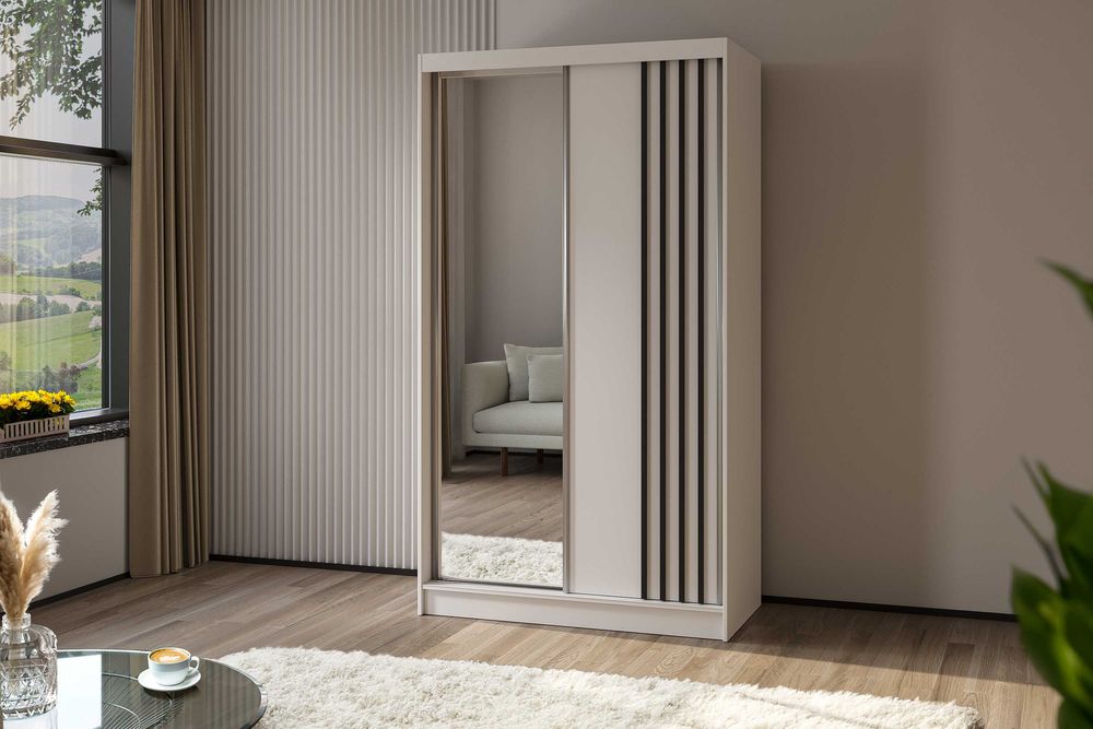 Szafa 120 cm z drzwiami przesuwnymi i lustrem . MODNE LAMELE.