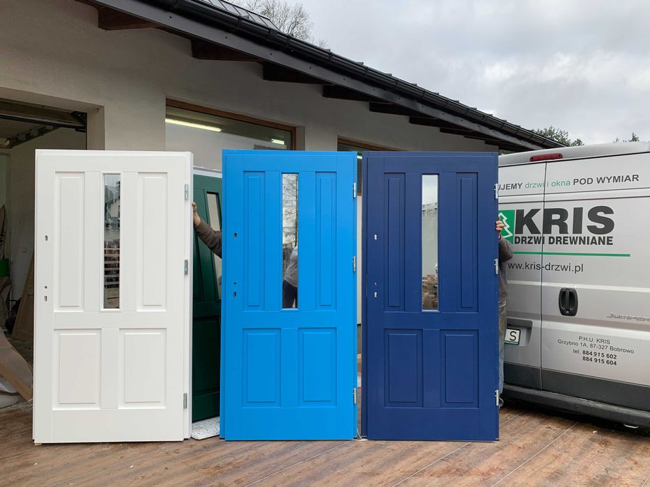 Drzwi zewnętrzne drewniane niebieskie 5001  zielone Montaż CAŁY KRAJ