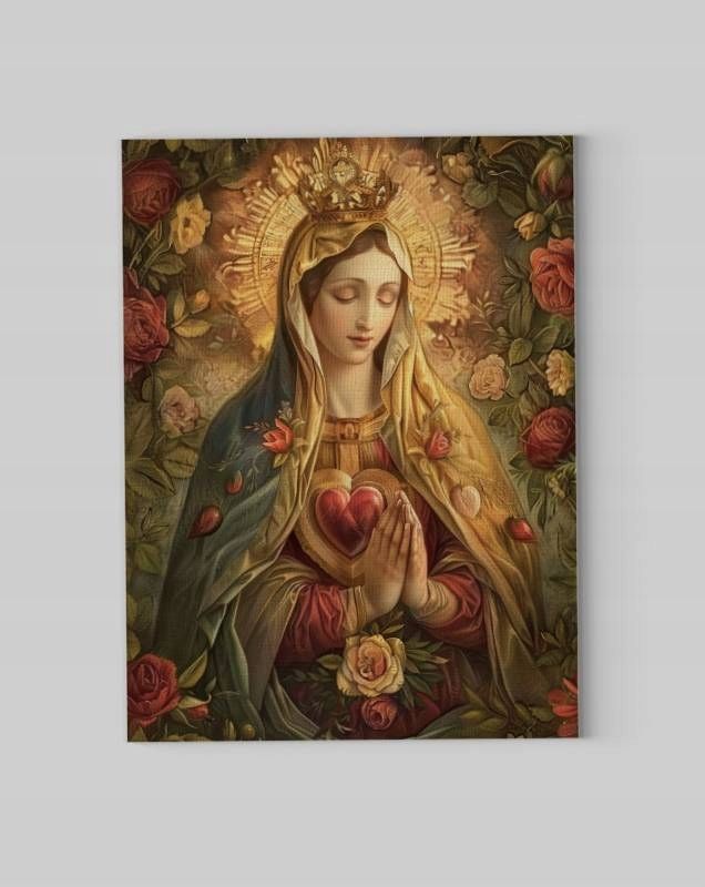 Obraz na płótnie Serce Maryi w Kwiatach 75x100 cm – sztuka sakralna