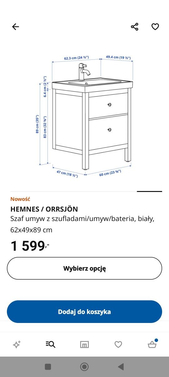 Szafka łazienkowa Ikea Hemnes wraz E zlewem