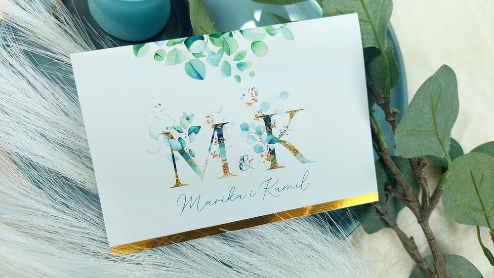 Zaproszenia Ślubne EUKALIPTUS złoty pasek GOLD zaproszenie ślub kopert