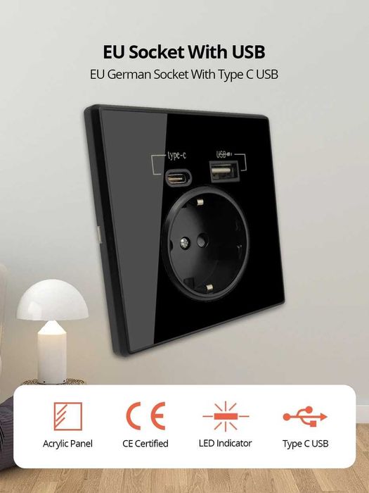 Tomada de parede preta usb e usb C - espelhada (NOVO)