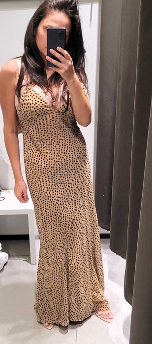 Długa brązowa sukienka Zara w kropki z kwiatem S 36