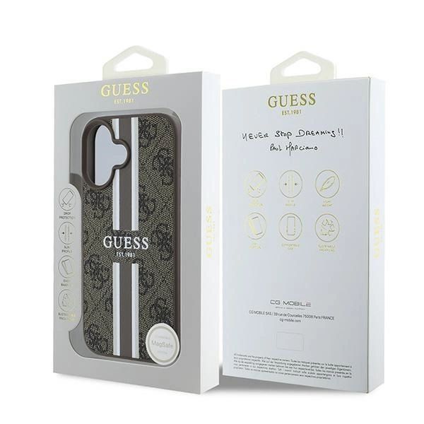Etui Guess 4G Printed Stripes MagSafe na iPhone 16 Plus - brązowe