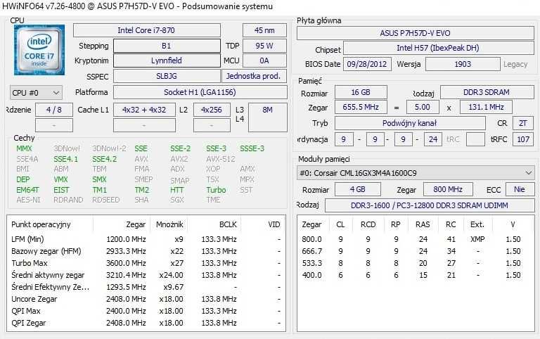 Płyta ASUS P7H57D-V EVO+Intel I7-870+16GB RAM+Gratisy