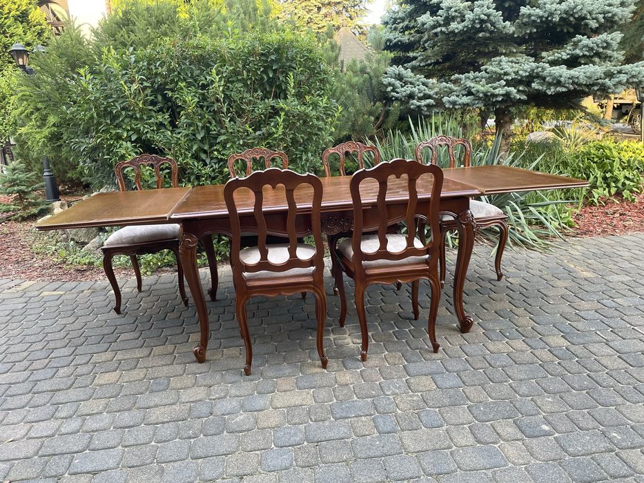 Stół rozkładany ludwikowski krzesła dąb brąz po renowacji Ludwik XV