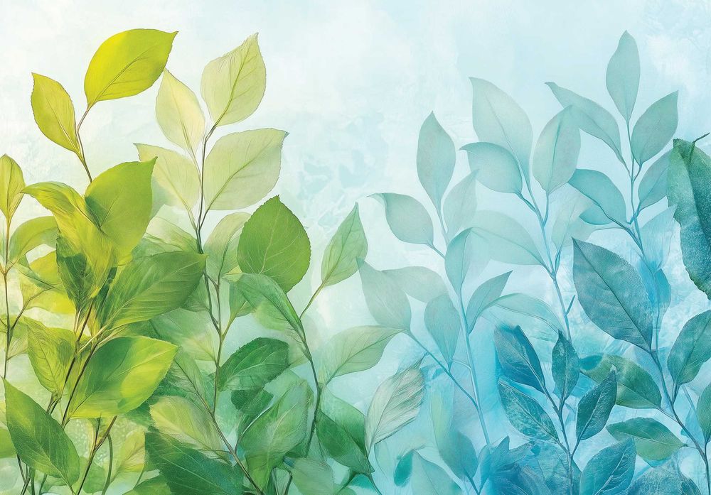 Fototapeta Rosnące Liście Zieleń Błękit Abstrakcja Natura 3D + KLEJ