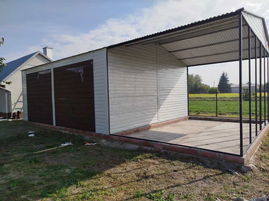 Garaż Blaszany BIAŁY + zadaszenie boczne  - Garaże Blaszane -Maj-Blach